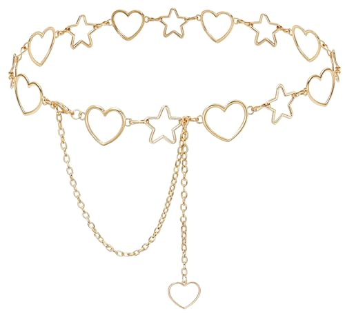 Waist Chain Belts Women Girls Metal Belly Link | Adjustable Waist Belt for Jeans and Dress - color: Gold Heart, size: S: 41.3 in