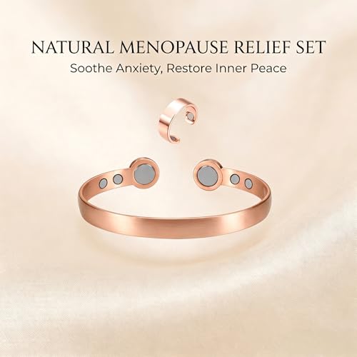 Calming Bracelet Ring Set for Women, Menopause Bracelets Adjustable Bangle Stainless Steel Cuff Climacterium Anxiety Stress Relief Energy Open Jewelry Gift - color: Rose Gold PRO+ Rose Gold