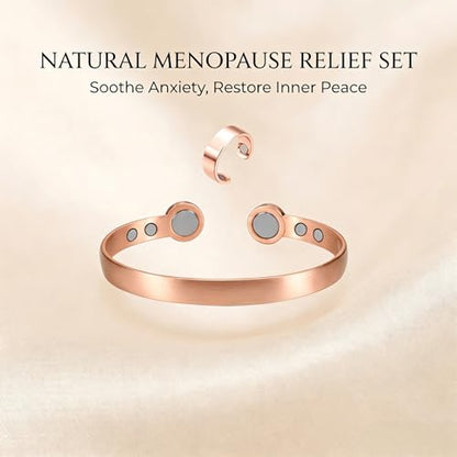 Calming Bracelet Ring Set for Women, Menopause Bracelets Adjustable Bangle Stainless Steel Cuff Climacterium Anxiety Stress Relief Energy Open Jewelry Gift - color: Rose Gold PRO+ Rose Gold