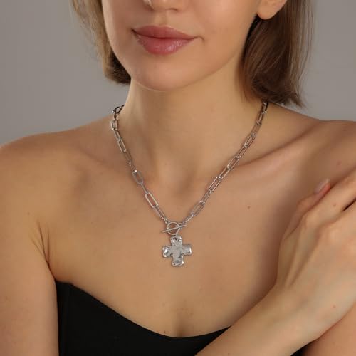 Chunky Cross Necklace for Women Trendy 14K Gold Silver Plated Statement Big Cross Pendant Paperclip Chain Charm Necklaces Religious Faith Easter Basket Stuffers Baptism Costume Jewelry Gift - color: White Gold-Toggle-1 inch pendant