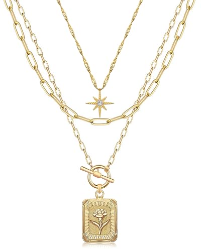 MJartoria Layered Necklaces for Women, 14K Gold Plated Brass | Star Choker, Square Birth Flower, Paperclip Chain, Trendy - color: Gold, style: Z01-Carnation