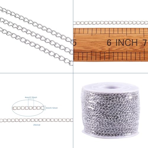 Pandahall 82 Feet/25M Soldered 304 Stainless Steel Curb Chains 4x3x0.6mm Stainless Steel Color Plated for Jewelry Making