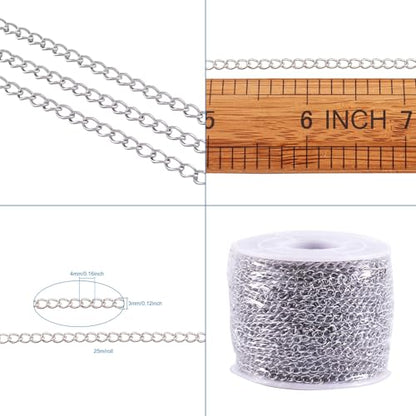Pandahall 82 Feet/25M Soldered 304 Stainless Steel Curb Chains 4x3x0.6mm Stainless Steel Color Plated for Jewelry Making