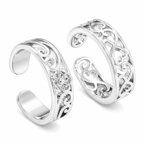 2Pcs Silver Toe Ring Adjustable Open Cuff Toe Rings for Women Stainless Steel Flower Band Foot Jewelry Non Tarnish Beach Accessories for Toes Summer Wear Set