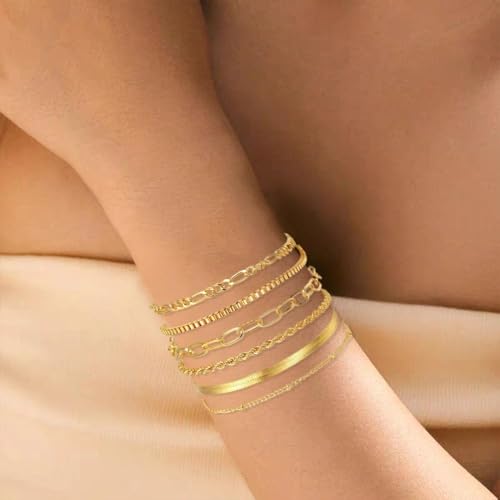 Gold Bracelets for Women Stackable Herringbone Chain Paperclip Link Satellite Tennis Chain Bracelet Adjustable Twisted Rope Link Layer Bracelets Set for Women Fashion Gold Jewelry Gifts