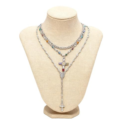 Silvery Layered Necklace for Women, Y Necklace with Cross Pendant, Dainty Stackable Jewelry Gift for Everyday Wear - style: 3PCS - Paper Clip Chain&Colorful Cross&Cross Y Chain