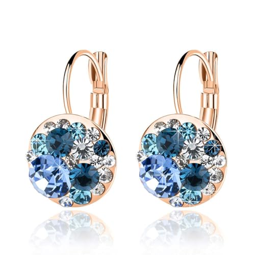 Multicolored Austrian Crystal Leverback Earrings for Women 14K Gold Plated Dangle Hoop Earrings Hypoallergenic Jewelry - color: Blue Main Crystal/Rose Gold-tone