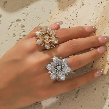 Kokoma Double Layered Rhinestone Flower Ring for Women Cubic Zirconia Geometry Sunflower Wrap Finger Band Adjustable Open Bands Rings Engagement Jewelry - color: Silver