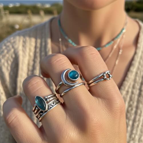 Sun and Moon Ring, Adjustable Natural Stone Rings for Women & Men, Boho Celestial Jewelry for Daily Wear - color: Apatite