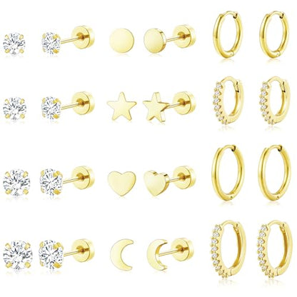 Adoyi 9 Pairs Gold Hoop Earrings Set for Womens Twisted Huggie Hoops Earrings 14K 18K Gold Plated for Girls Valentines Mother's Day Birthday Gifts Lightweight - color: 12Pairs Gold Plated
