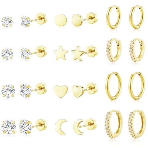 Adoyi 9 Pairs Gold Hoop Earrings Set for Womens Twisted Huggie Hoops Earrings 14K 18K Gold Plated for Girls Valentines Mother's Day Birthday Gifts Lightweight - color: 12Pairs Gold Plated