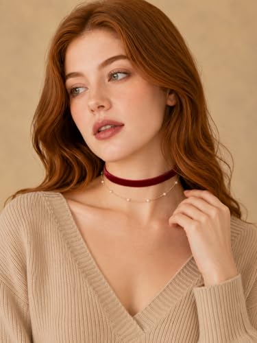 Red Velvet Choker for Women Layered Peal Pendant Choker Necklace Adjustable Gothic Tattoo Ribbon Chokers Classic Collar Necklaces for Women - color: Red