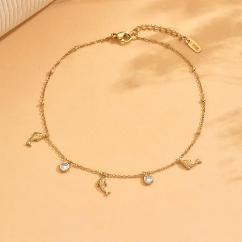 18K Gold Plated Waterproof Summer Beach Ankle Bracelets for Women | Starfish Sea Shell Pearls CZ Diamond Dangle Anklets - style: Dolphin CZ Drop-Gold