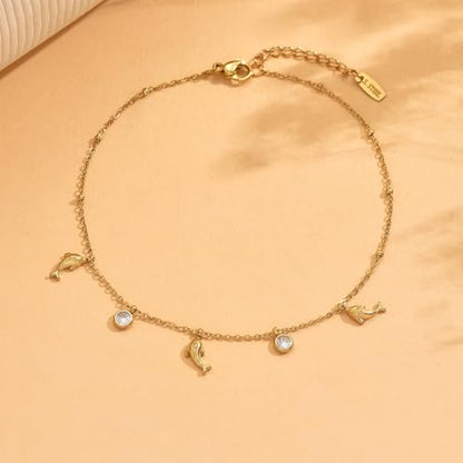 18K Gold Plated Waterproof Summer Beach Ankle Bracelets for Women | Starfish Sea Shell Pearls CZ Diamond Dangle Anklets - style: Dolphin CZ Drop-Gold