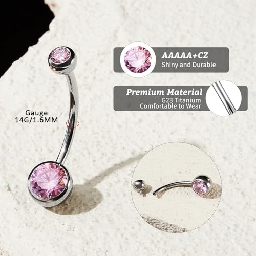 1PC/2PC/3PC G23 Titanium Belly Button Rings 14G 1.6MM Round Cubic Zirconia Belly Rings 6 Sizes of Length to Choose Navel Barbell Belly Piercing Jewelry for Women Men - color: Pink