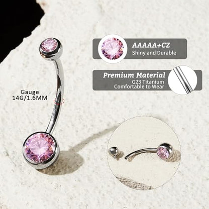 1PC/2PC/3PC G23 Titanium Belly Button Rings 14G 1.6MM Round Cubic Zirconia Belly Rings 6 Sizes of Length to Choose Navel Barbell Belly Piercing Jewelry for Women Men - color: Pink