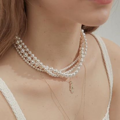 LULII Pearl Necklaces for Women 14K Gold Plated Dainty Layered Single Pearl Necklace Simple Daisy Pearls Choker Cute Gold Necklace Stack Jewelry Sets for Women Trendy Gifts - color: Silver-8mm Pearl