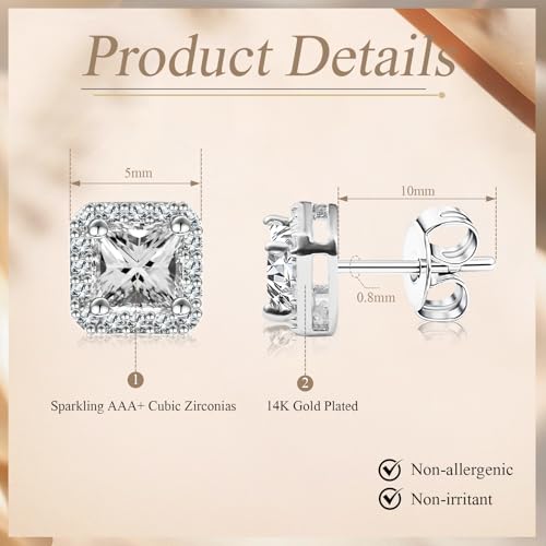 VOLUKA Cubic Zirconia Stud Earrings for Women - Hypoallergenic Earrings for Sensitive Ears - Simulated Diamond CZ - style: Square-W