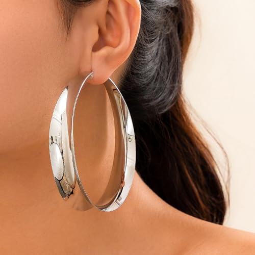 Big Gold Chunky Hoops Earrings for Women Trendy Large Wide Post Thick Drop Dangle Earrings Minimalist Statement Earrings Party Jewelry Gift - color: Big-Silver