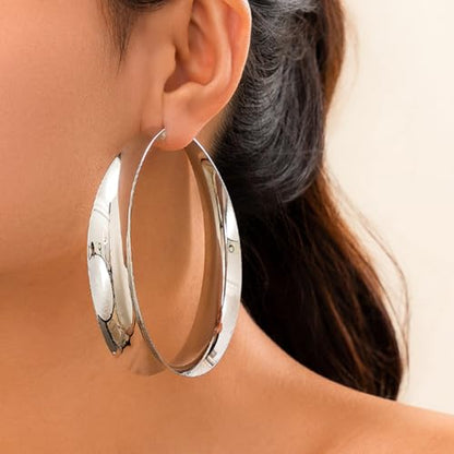 Big Gold Chunky Hoops Earrings for Women Trendy Large Wide Post Thick Drop Dangle Earrings Minimalist Statement Earrings Party Jewelry Gift - color: Big-Silver