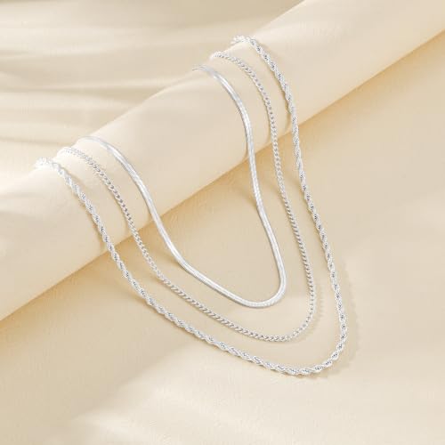Layered Necklaces for Women, 3 Chain Choker Set, 14k Gold/Silver Plated | 3 Detachable Strands, 7+ Ways to Wear, Tangle Free Design, Herringbone Rope Curb Textures, Tarnish Resistant - color: Silver
