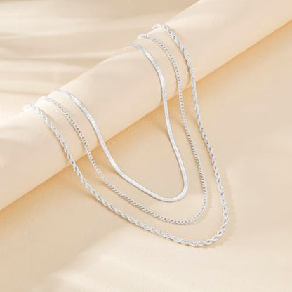 Layered Necklaces for Women, 3 Chain Choker Set, 14k Gold/Silver Plated | 3 Detachable Strands, 7+ Ways to Wear, Tangle Free Design, Herringbone Rope Curb Textures, Tarnish Resistant - color: Silver