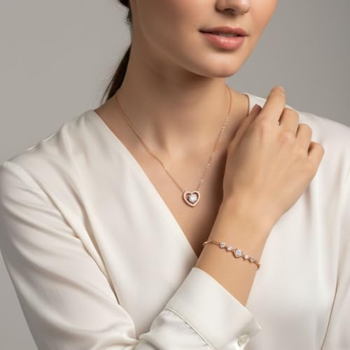 Nilu's Collection Women's Copper Sterling Silver Heart Shape Stone Charm Bracelet - color: Rose Gold Pendant + Bracelet