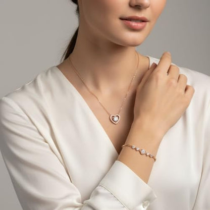 Nilu's Collection Women's Copper Sterling Silver Heart Shape Stone Charm Bracelet - color: Rose Gold Pendant + Bracelet