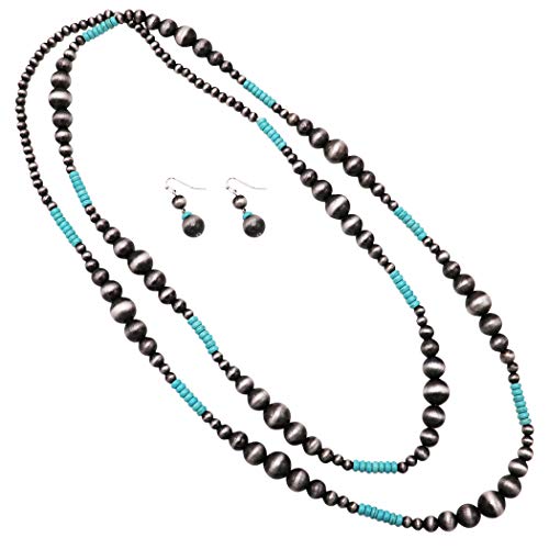 Rosemarie Collections Women's Extra Long Navajo Pearl And Turquoise Howlite Bead Statement Western Endless Strand Necklace Earrings Set, 60" - color: Metallic Silver