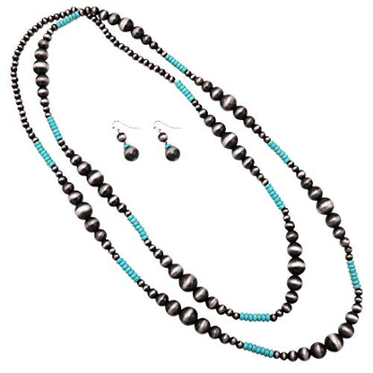 Rosemarie Collections Women's Extra Long Navajo Pearl And Turquoise Howlite Bead Statement Western Endless Strand Necklace Earrings Set, 60" - color: Metallic Silver