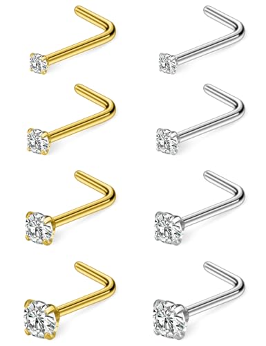 8Pcs Nose Rings Studs 14K Gold Filled Surgical Steel L-Shape Nose Rings for Women 1.5/2mm/2.5mm/3mm Cubic Zirconia Nostril Screw Studs Hypoallergenic Nostril Piercings 20g 18g - color: 8pcs,18g,mix color,L-shpaped