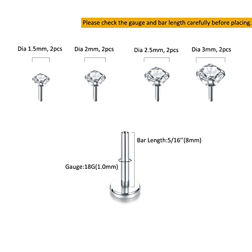 Oveta Threadless Push in Lip Rings 16G/18G/20G Labret Jewelry CZ Lip Studs Stainless Steel Cartilage Earrings for Women Monroe Medusa Piercing Jewelry 6/7/8/10/12mm Bar Length - color: Silver, size: 18G*8mm bar*1.5/2/2.5/3mm cz