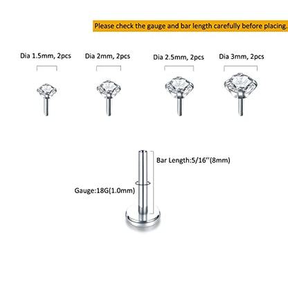 Oveta Threadless Push in Lip Rings 16G/18G/20G Labret Jewelry CZ Lip Studs Stainless Steel Cartilage Earrings for Women Monroe Medusa Piercing Jewelry 6/7/8/10/12mm Bar Length - color: Silver, size: 18G*8mm bar*1.5/2/2.5/3mm cz
