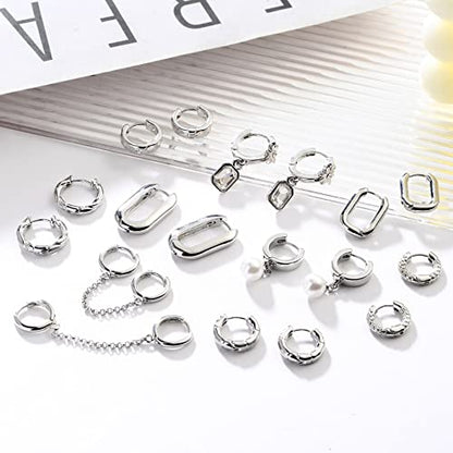 9 Pairs Gold Chunky Hoop Earrings Set for Women, 14K Gold Plated Twisted Huggie Hoop Earring Hypoallergenic, Lightweight Thick Open Hoops Earrings Jewelry Gifts. - color: B-9 Silver Hoop Earrings