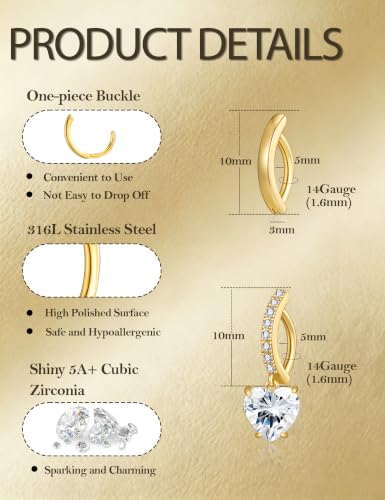 Apsvo 2Pcs Belly Button Ring for Women Surgical Steel CZ Clicker Belly Rings Hoop Teardrop Heart Dangle Belly Button Piercing Simple Reverse Navel Piercing Jewelry 14G - color: Gold-Heart