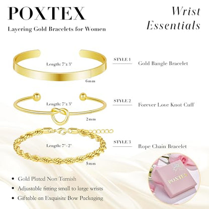 925 Sterling Silver Bracelets for Women Stack, Trendy Tennis Bangle Cuff Jewelry Set 14K Gold Plated, Adjustable Bracelet Set for Wrist Essentials, Women Fashion Watch Band Acecessories - style: Bracelet_3pcs(Gold Bangle Set)
