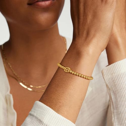 Gold 12 Constellations Bracelets for Women, 18K Gold Plated Beaded Stretch Bubble Bracelets Charm Jewelry Bracelet Gifts for Birthday Mother's Day Valentines Christmas - color: Cancer