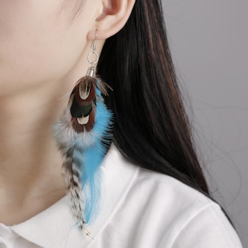 RUOFFETA Long Feather Earrings for Women, Boho Bohemian Earrings Multicolor Tassel Handmade Feather Earrings for Women Dangling - style: Style S