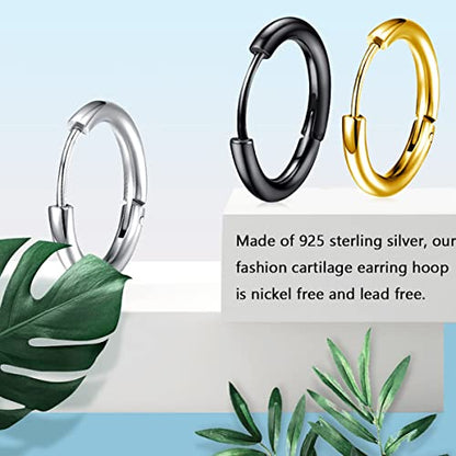 EPIRORA Silver Hoop Earrings- Cartilage Endless Small Hoop Earrings Set for Women Men, 3 Pairs of Hypoallergenic 925 Sterling Silver Tragus Earrings Nose Lip Rings - color: 3 Pairs(8mm*3)-Silver/Gold/Black