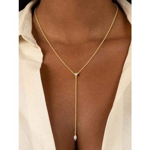 14K Gold Plated Layered Lariat Necklace for Women - Waterproof Non-Tarnish Dainty Gold Chain Necklace, Long Boho Statement Jewelry for Wedding, Prom, Summer Vacation Gifts - color: Two CZ Y Necklace-Gold