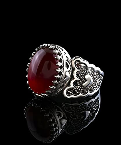 Filigranist 925 Sterling Silver Handcrafted Filigre Art Double Heart Detailed Women Cocktail Ring with Gemstones - color: Carnelian