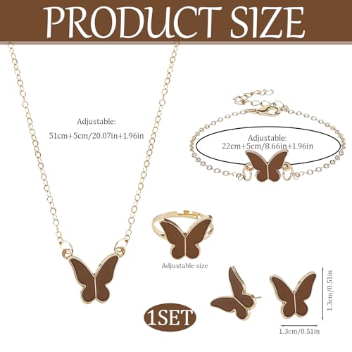 Butterfly Jewelry Set, Including Butterfly Necklace, Bracelet, Stud Earrings, and Adjustable Ring for Women - color: Brown