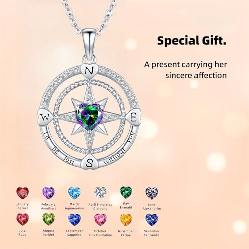 Compass Birthstone Necklace for Women S925 Sterling Silver with Cubic Zirconia - Birthday Jewelry gift for her, Girlfriend, Wife, Mom on Birthday, Anniversary - color: 06 - Alexandrite