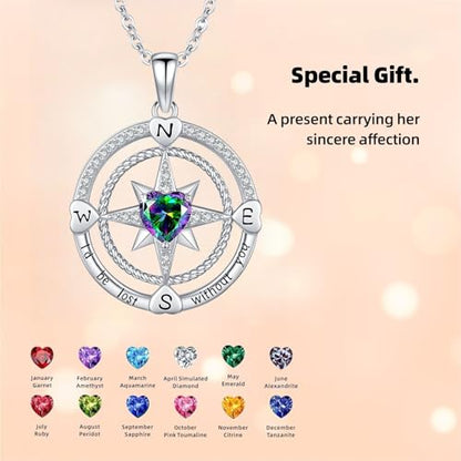 Compass Birthstone Necklace for Women S925 Sterling Silver with Cubic Zirconia - Birthday Jewelry gift for her, Girlfriend, Wife, Mom on Birthday, Anniversary - color: 06 - Alexandrite
