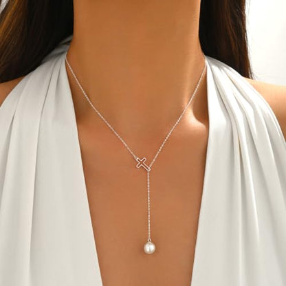 925 Sterling Silver Cross Pearl Lariat Necklace for Women | Y-Shaped Pearl Drop Necklace Adjustable Hollow Cross Pearl Necklace Faith Baptism Birthday Jewelry Gift for Mother Daughter - color: Silver