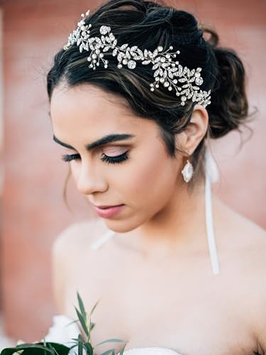 SWEETV Bridal Headpiece Silver Wedding Headband for Brides Hair Accessories | Pearl Hair Vine Rhinestone Hair Accessories for Women Bridal Headband, Wedding Hair Accessories Wedding Headbands for Brides