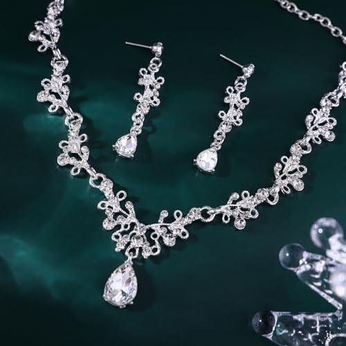 Crystal Crown Jewelry Set for Women Bride Queen Tiara Earrings and Necklace | Metal Royal Crown Costume Jewelry Set Wedding Prom Quinceanera Party Pageant Halloween Retirement Christmas Birthday Gift - color: Silver