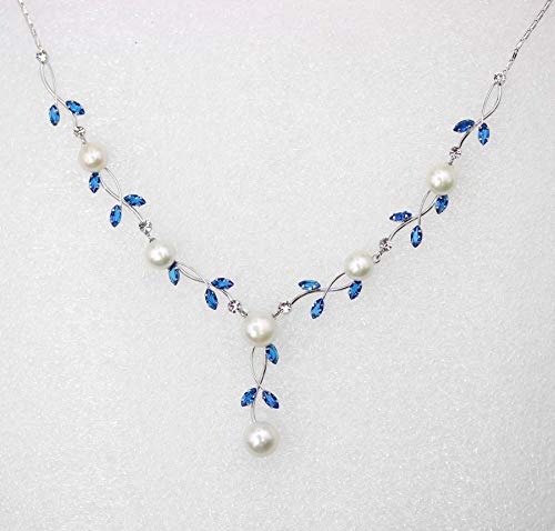 Faship Genuine Freshwater Pearls Floral Necklace Earrings Set | Premium CZ Crystal, Gorgeous, Sparkling - color: Blue