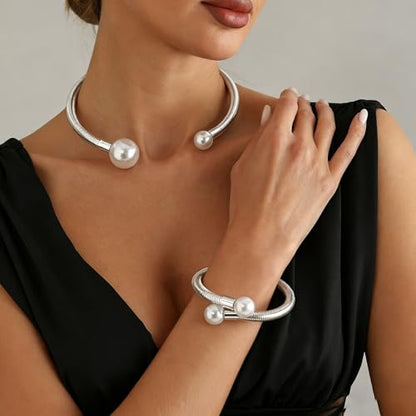 Round Teardrop Necklace Bracelet Ring Jewelry Set Gold Plated Chunky Statement Jewelry Set for Women Simple Elegant Jewelry - color: silverB