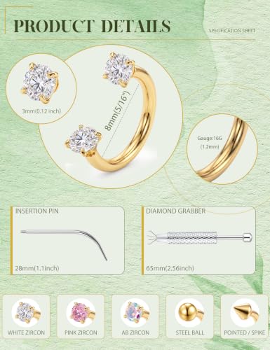 316L Stainless Steel Horseshoe Nose Rings for Women 16/18/20G Septum Rings | Septum Nose Piercing with Replacement Tops and Piercing Tool for Helix Tragus Cartilage Lip Jewelry 14K Gold Plated/Silver - color: Gold 1-16G